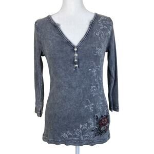 One World Sz L Vtg Y2K Grunge Rose Graphic Print Henley Top 3/4 Grey Distressed